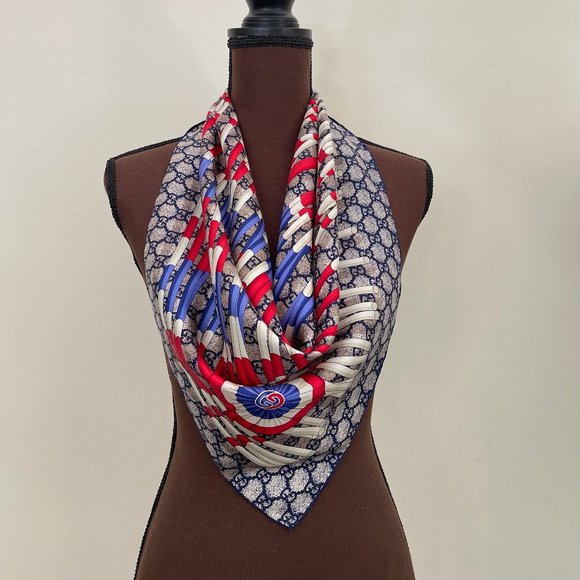 Gucci Scarf Logo GG Print Club WEB Blue Silk Wrap with Gucci Gift Box